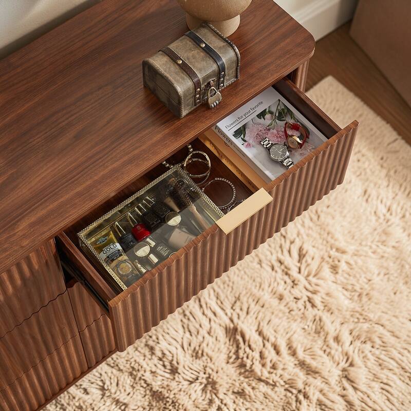 Modern 6 Drawer Dresser with Wave Front Design, Wide Storage Chest and TV Stand, 55" Wooden Organizer Cabinet