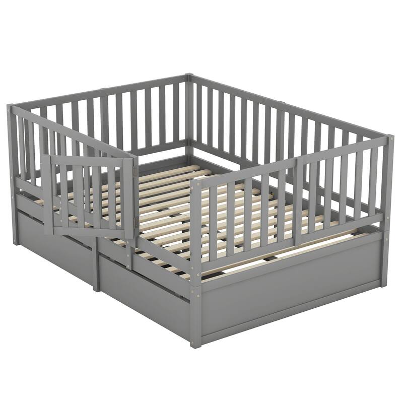 Modern Wood Daybed with Fence Guardrails and 2 Drawers