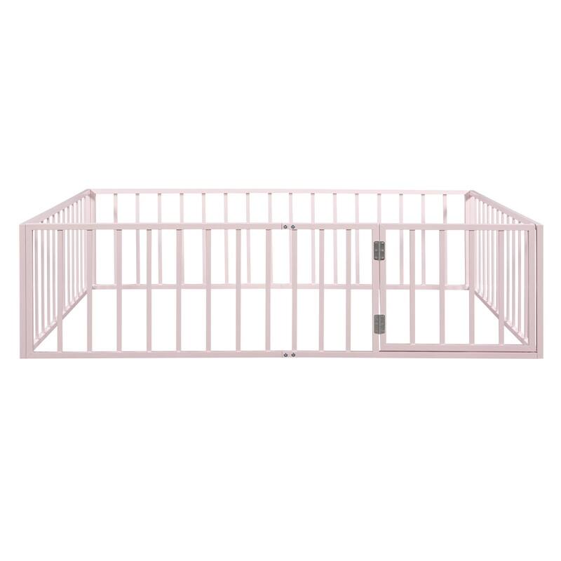 Queen Size Metal Floor Bed Frame with Fence&Door