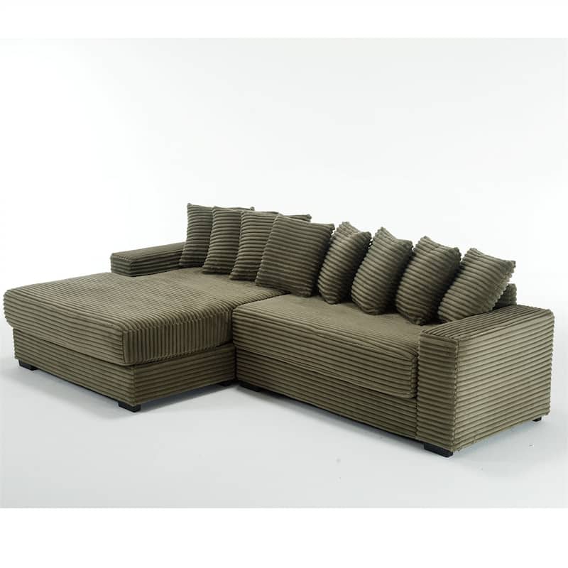 2-Piece Couches, Corduroy L-Shaped Sofa Chaise with 8 Throw Pillows