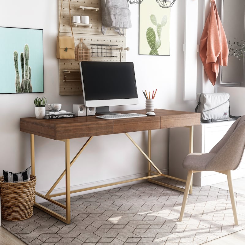 Vaiz Modern 60-inch Metal 3-Drawer Computer Desk with Drawers by Furniture of America - Light Walnut