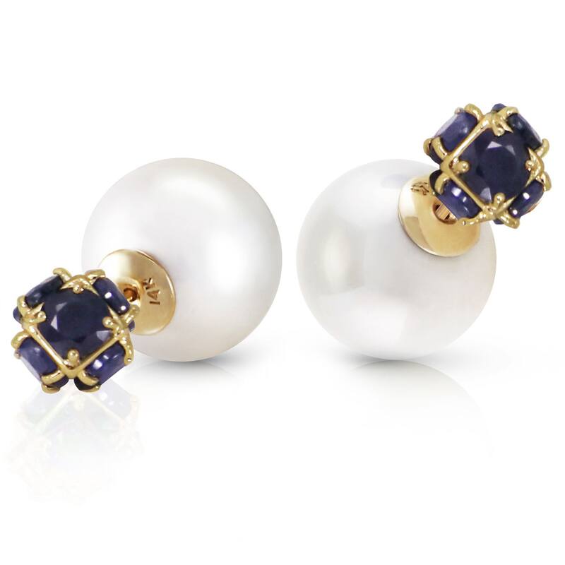 14K Solid Gold Tribal Double Shell Pearls And Sapphires Stud Earrings - Yellow