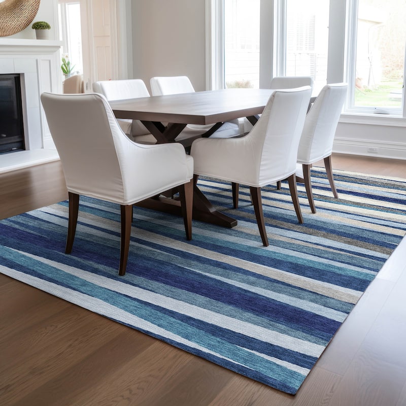 Machine Washable Indoor/ Outdoor Modern Stripes Chantille Rug