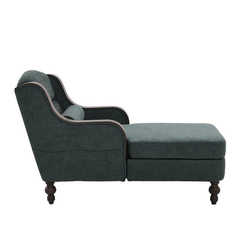 Ergonomic Chaise Lounge Indoor Chenille Single Lazy Sleeper Sofa Bed with Side Pockets, Solid Wood Armrests and Foots