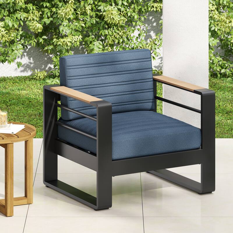 Roomfitters Modern Outdoor Club Chair with Slatted Metal Frame, Weather-Resistant Cushions and Wooden Armrests