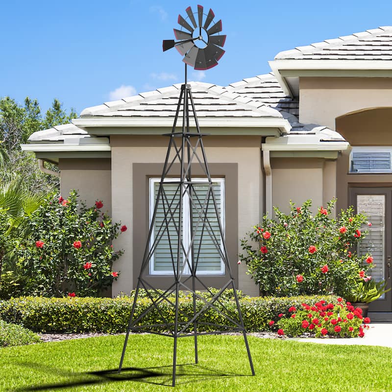 8 Feet Metal Windmill Outdoor Garden Yard Ornament with Weathervane