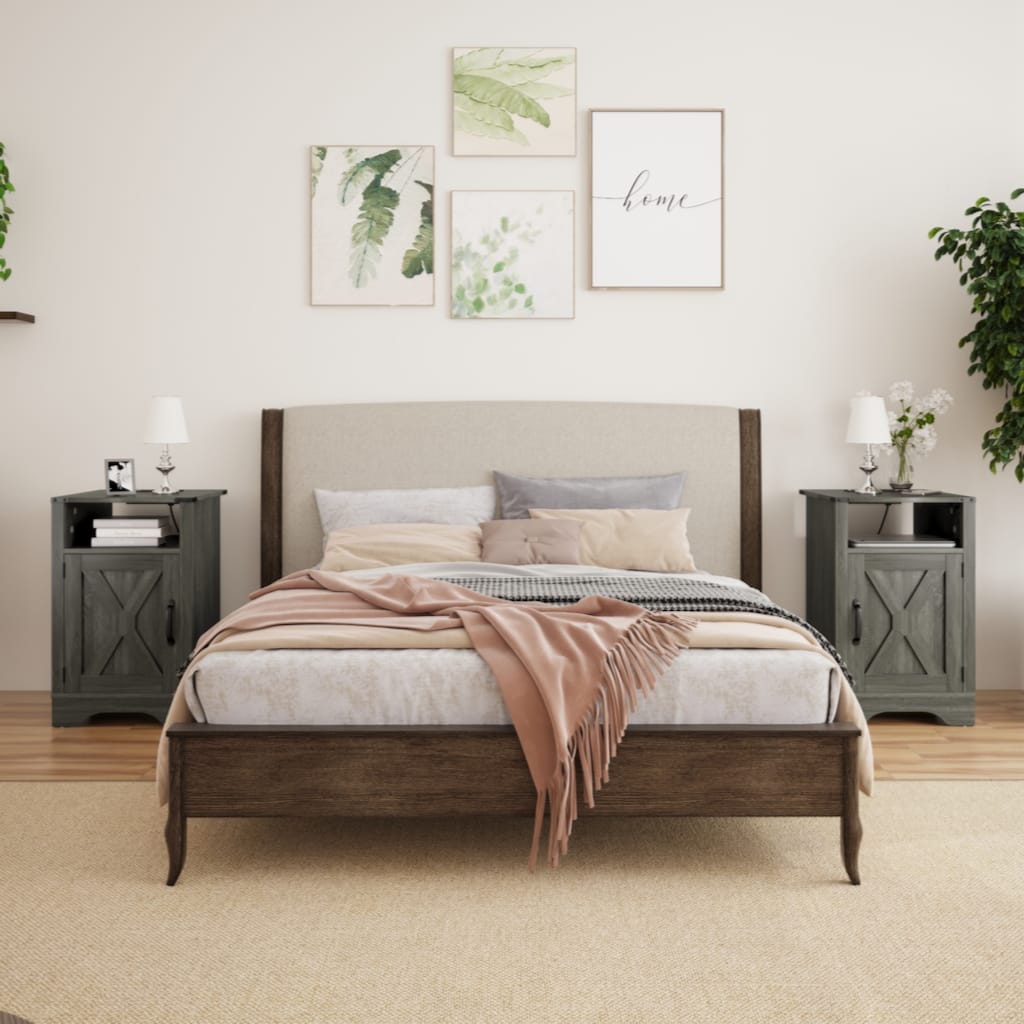 Farmhouse Nightstand Side Table,Tall Bedside Table with Electrical Outlets Charging Station(2 Sets) - Dark Gray