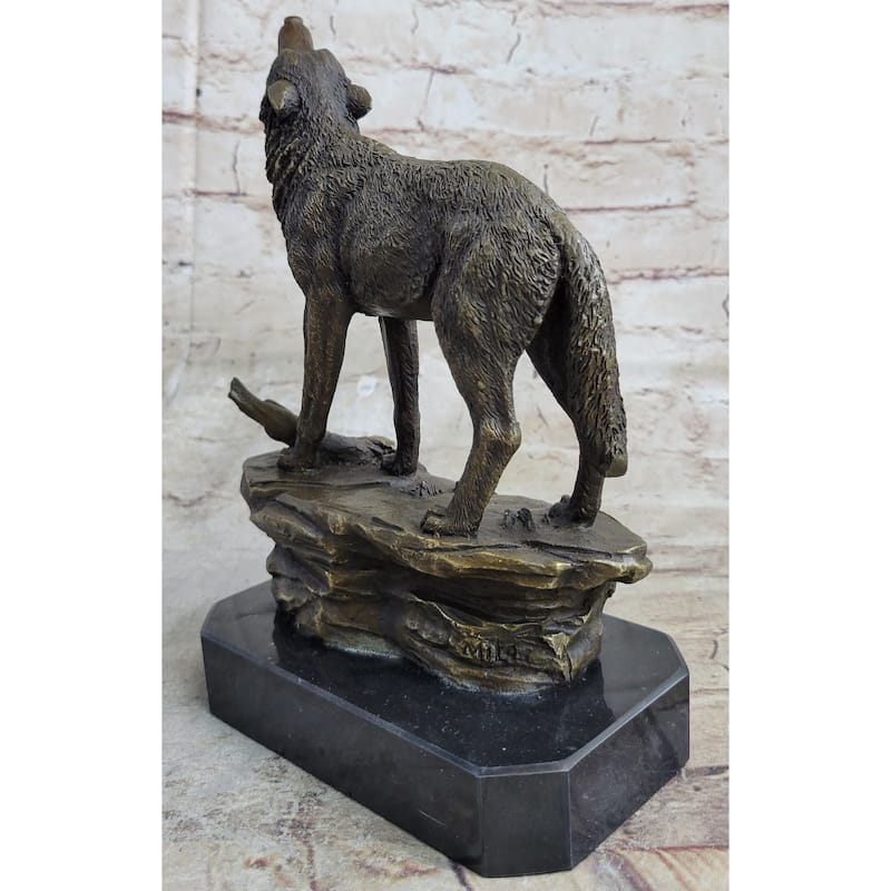 Signed Original Art Howling Imitative Wolf To The Moon Bronze Sculpture Marble Base Statue