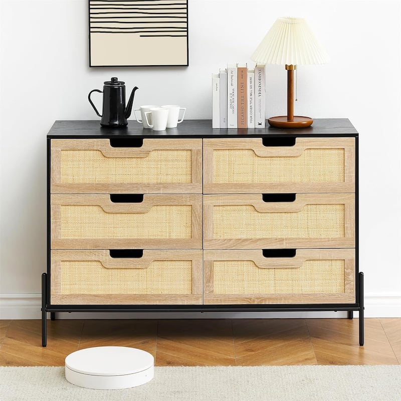 Rattan 6 Drawers Dresser, Double Dresser for Bedroom