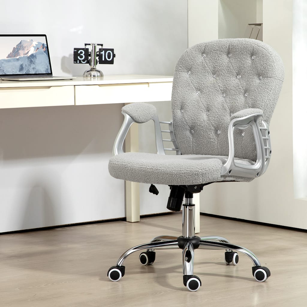 Simple Button Tufted Fabric Desk Chair Vanity Chair with Padded Armrests, Swivel Chair Office Chair with Wheels
