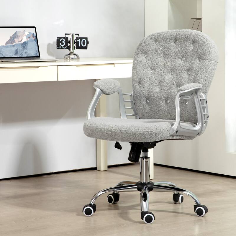 Simple Button Tufted Fabric Desk Chair Vanity Chair with Padded Armrests, Swivel Chair Office Chair with Wheels - Gray