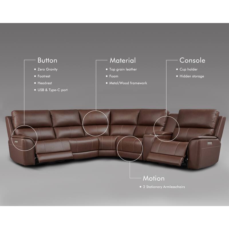 123" W Premium Genuine Leather Triple-Power Double Width Sectional Sofa with Console, Zero Gravity, USB & Type-C Ports