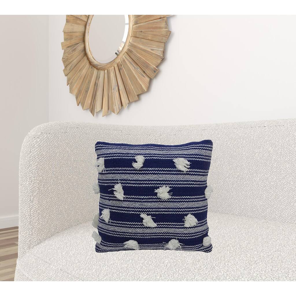 20" X 20" Navy and White Striped Textural Throw Pillow With Pom Poms