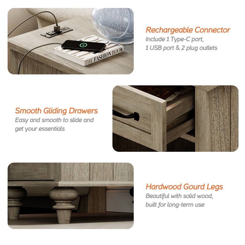 End Table with Charging Station, Side Table with Storage, Power Outlets & Type-C USB Ports for Living Room