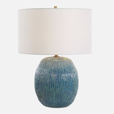 Ribbed Textured Ceramic Table Lamp with White Drum Shade - 23.5" - Blue and Green