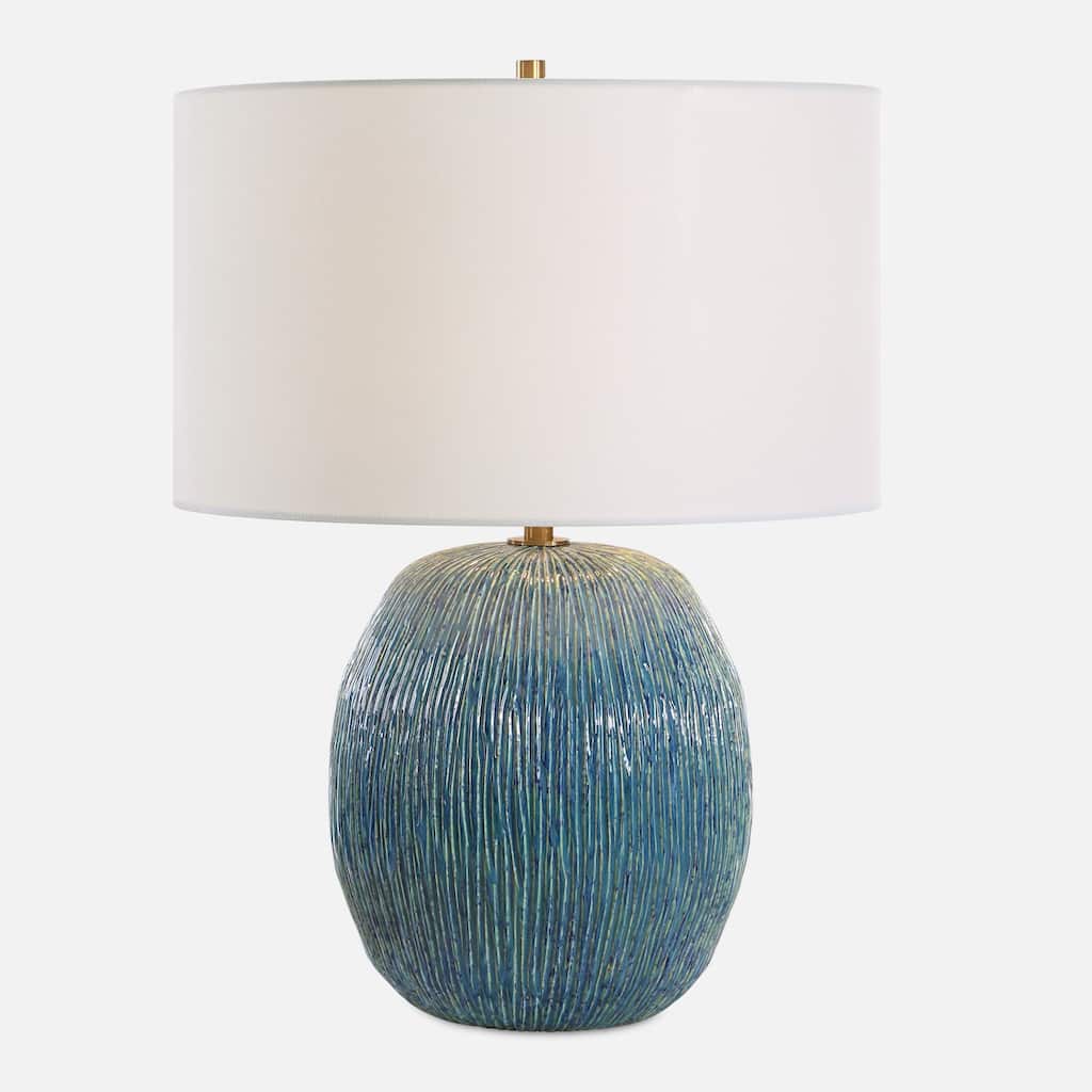 Ribbed Textured Ceramic Table Lamp with White Drum Shade - 23.5" - Blue and Green