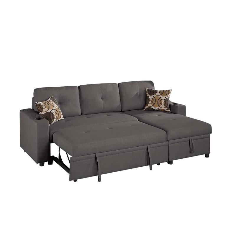 Pero Sectional Sofa Pull Out Bed with Storage Chaise, Pillows, Black