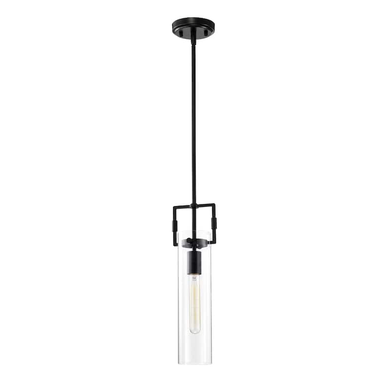 1-Light Matte Black Mini Pendant with Clear Cylindrical Glass Shade