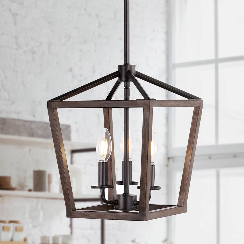 Oria Iron Farmhouse Industrial Lantern LED Pendant, Oil Rubbed Bronze/Faux Wood by JONATHAN Y - 10"