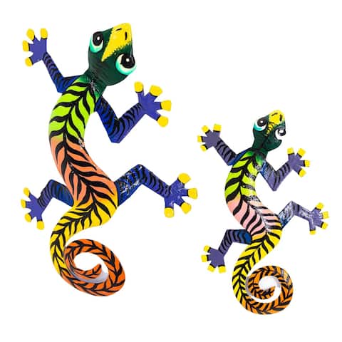 Colorful Gecko Haitian Metal Garden Art, Big and Small with Black Stripes