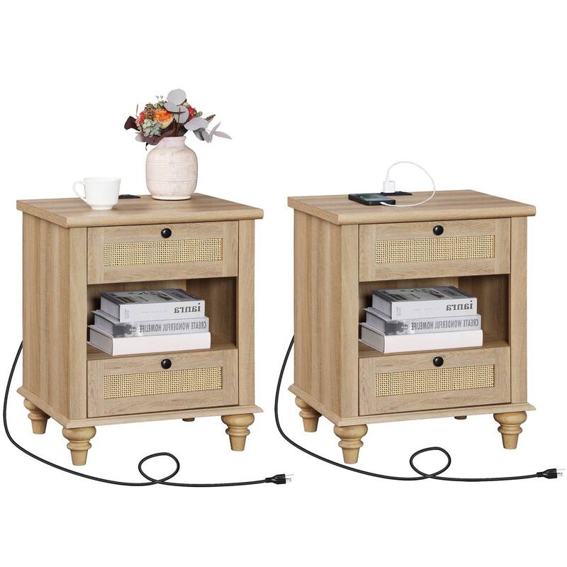 Farmhouse Nightstand Bedside Table, Wood 2-Drawer Side Table - Rattan Oak - 4-drawer