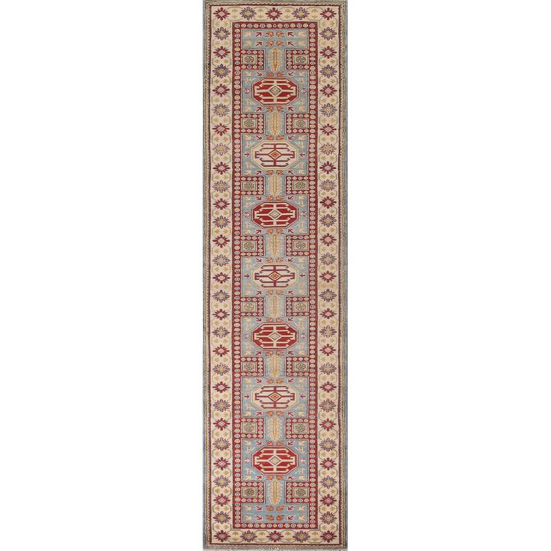Light Blue Kazak Runner Rug Hand-Knotted Oriental Wool Carpet - 2'7" x 13'0"