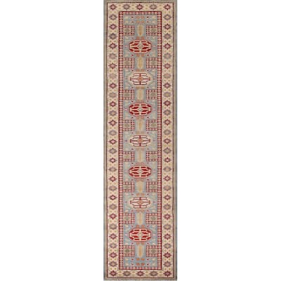Light Blue Kazak Runner Rug Hand-Knotted Oriental Wool Carpet - 2'7" x 13'0"