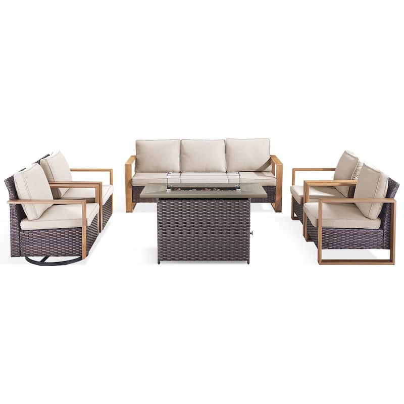 Meyreso Wicker Outdoor Patio Fire Pit Set with Swivel Gliders and Olefin Cushions