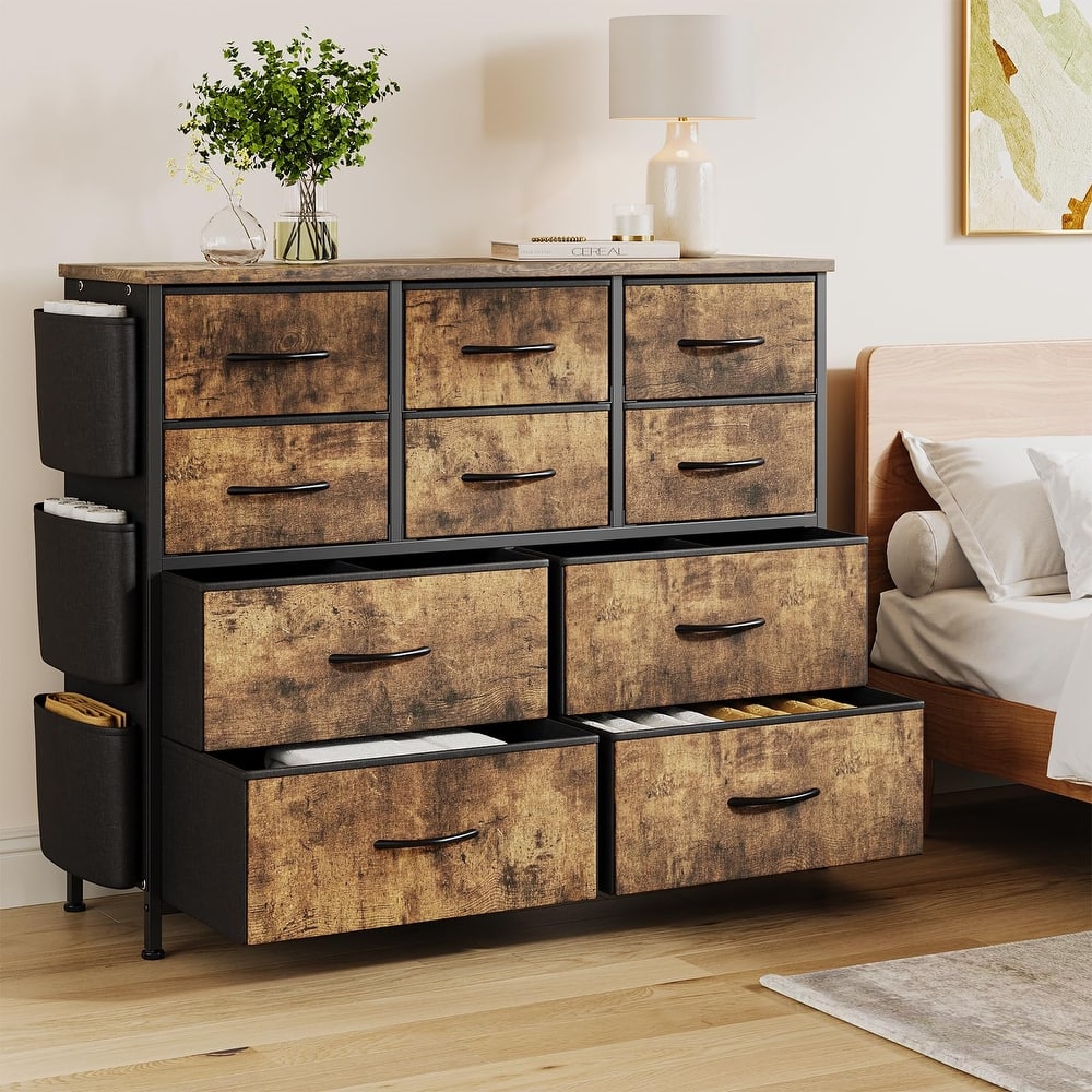 Fabric 10 Drawer Dresser for Bedroom, Metal Frame Storage Organizer Chest with Side Pockets, Hooks