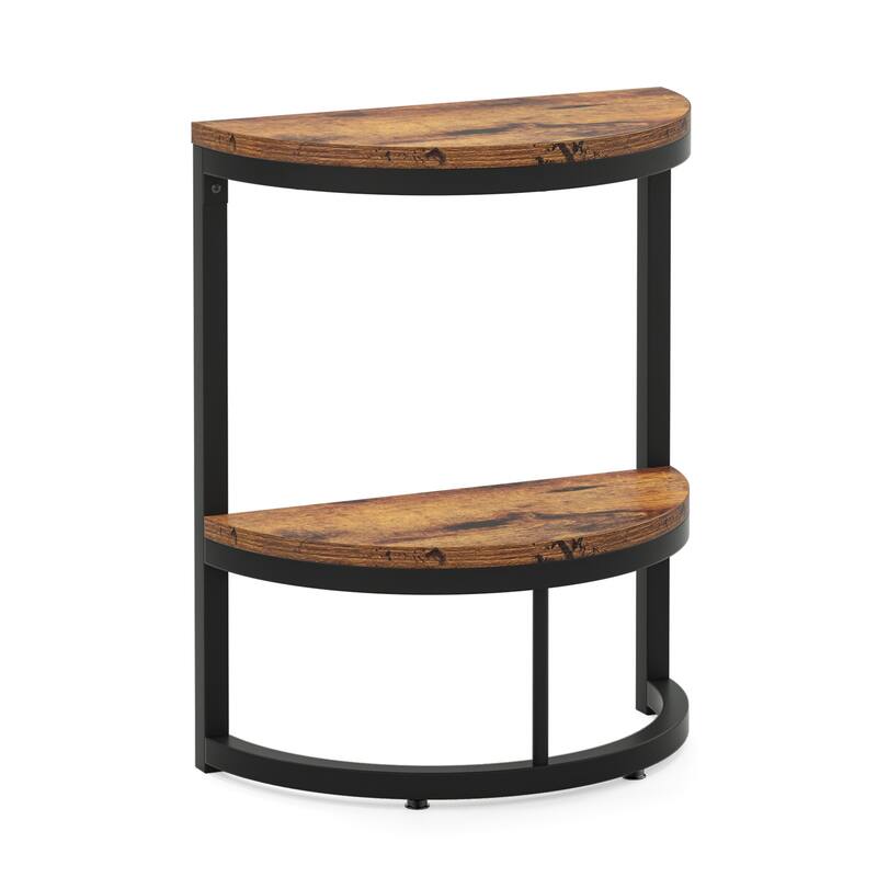 Slim Half Moon 2-Tier Semi-Circle End Table, 19.69" Rustic Brown Wooden Side Table with Storage Shelf for Small Spaces
