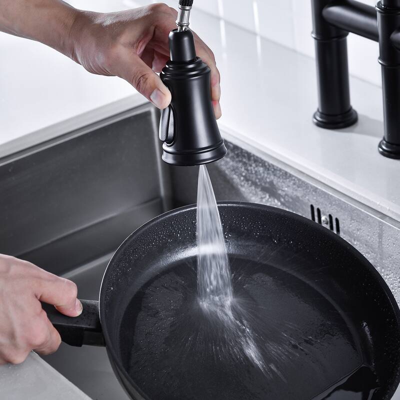 Transitional Bridge Kitchen Faucet with Pull-Down Sprayhead, Double Handle Kitchen Sink Faucet