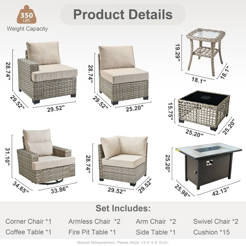 OVIOS 10 Pieces T shaped Seat Wide Armrest Swivel Chair Set With Fire Pit