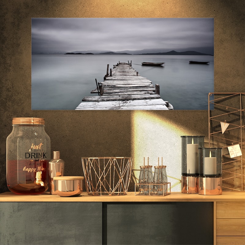 DesignArt "Pier and Boats at Seashore" Bridge and Pier Canvas Wall Art
