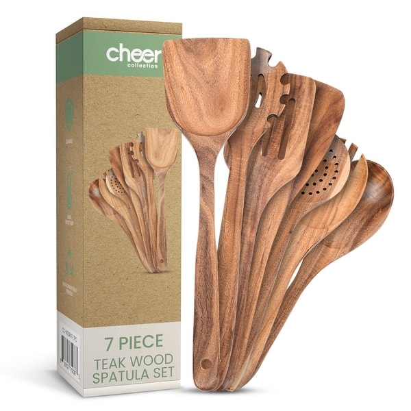 slide 2 of 8, Cheer Collection Wooden Kitchen Utensils Set - 7 Piece Brown