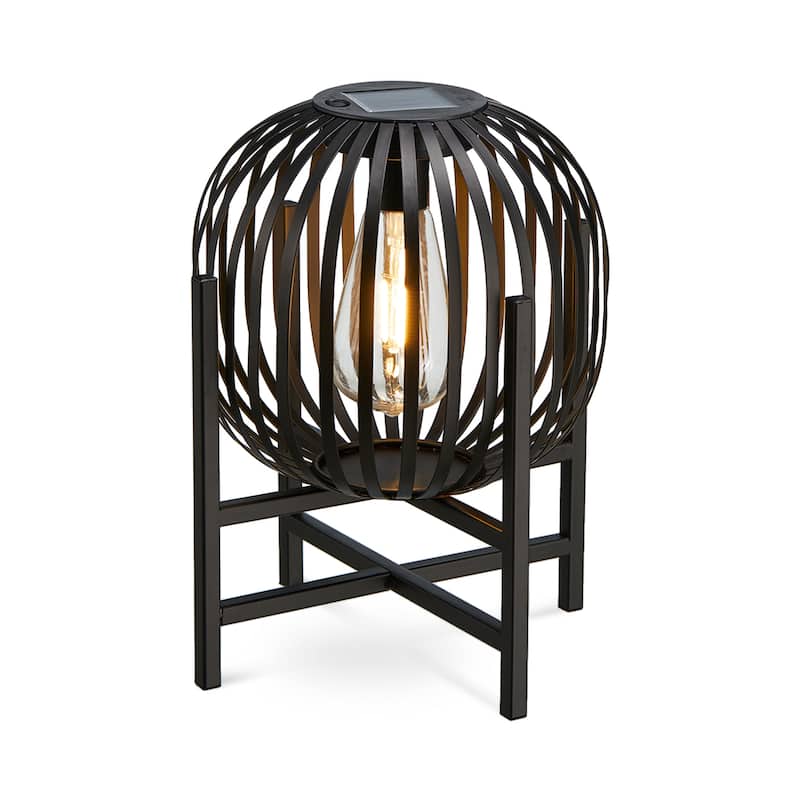 Glitzhome Outdoor Black Metal Striped Freestanding Solar Lantern Deck Lamp