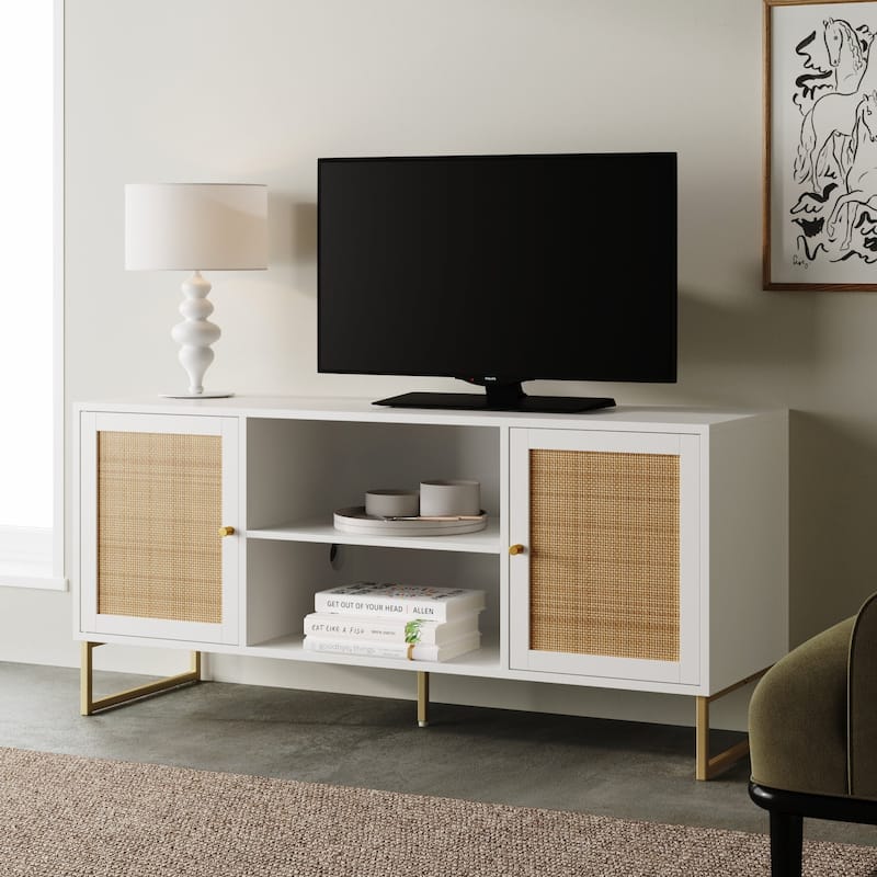 Nathan James Mina Modern TV Stand Entertainment Cabinet Media Console Oak Wood and Black Accents w/ Storage Doors - White/Gold