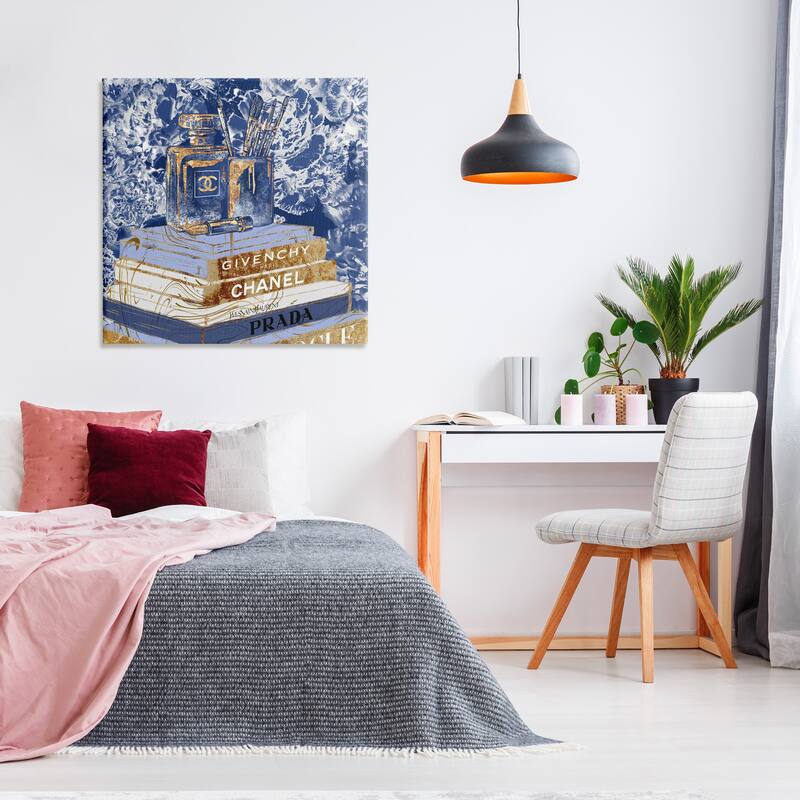 Stupell Fashion Book Pile Glam Designer Accessories Blue Gold Canvas Wall Art
