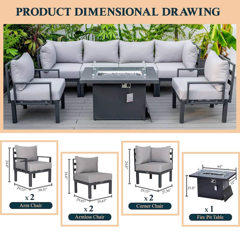 Outdoor 7-Piece Patio Sectional Set Aluminum Frame W/ Fire Pit Table