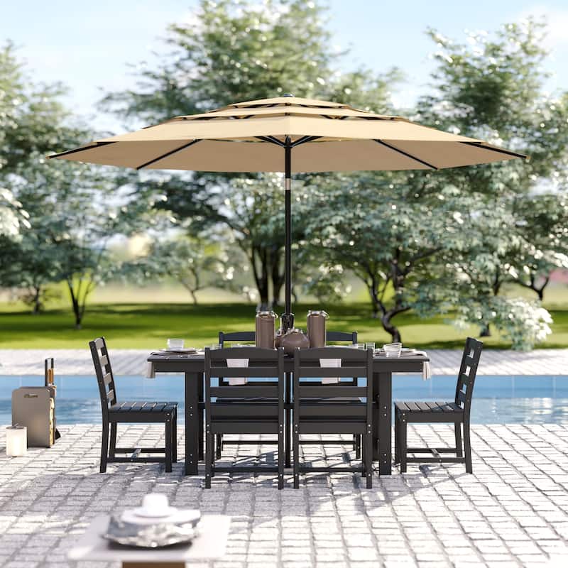 Outdoor Dining Table and Chair Set: HDPE Material, Wood - Grain Design