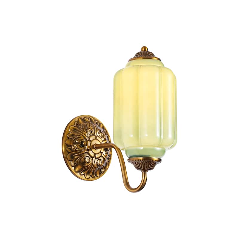 1-Light Vintage Aged Antique Brass Finish Lantern Shaped Wall Light with Milk/Green Glass for Bedroom, Hallways