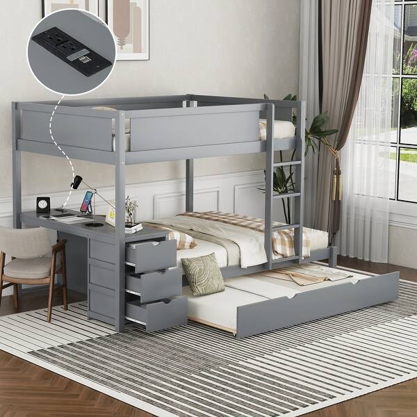 slide 2 of 20, Full-Over-Full Bunk Bed with Twin size Trundle, Storage and Desk,with 2 USB and 2 three-holes Plugs Gray