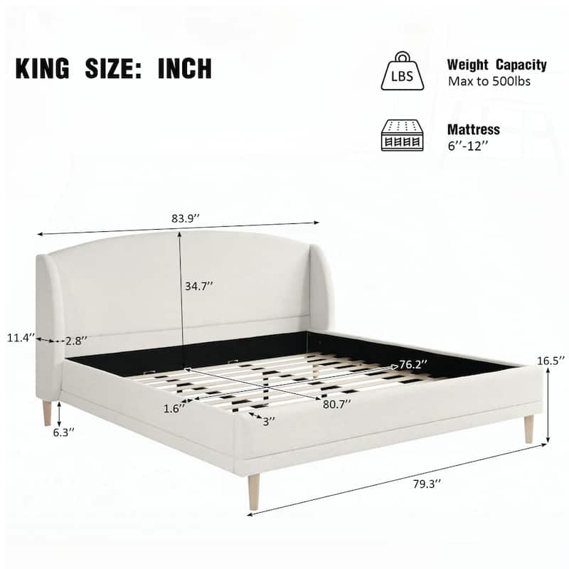 Upholstered Platform Bed Boucle Fabric and Wingback Headboard