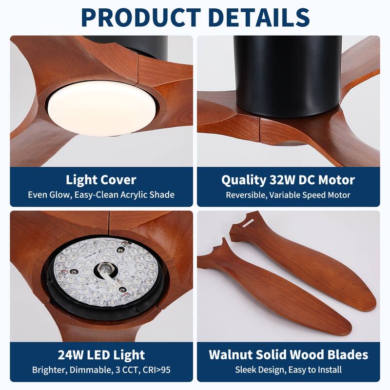 52" Mordern Farmhouse Retro Solid Wood Low Profile Flush Mount Ceiling Fan with Light and Reversible Quiet Motor