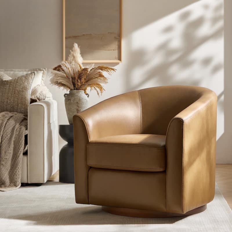 Althea Modern Genuine Leather Swivel Barrel Chair with Solid Wood Base By HULALA HOME