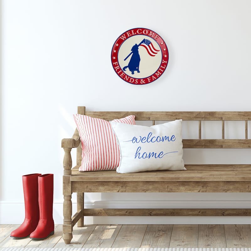 Welcome Friends and Family Patriotic Dog Metal Wall Sign - 13.75"