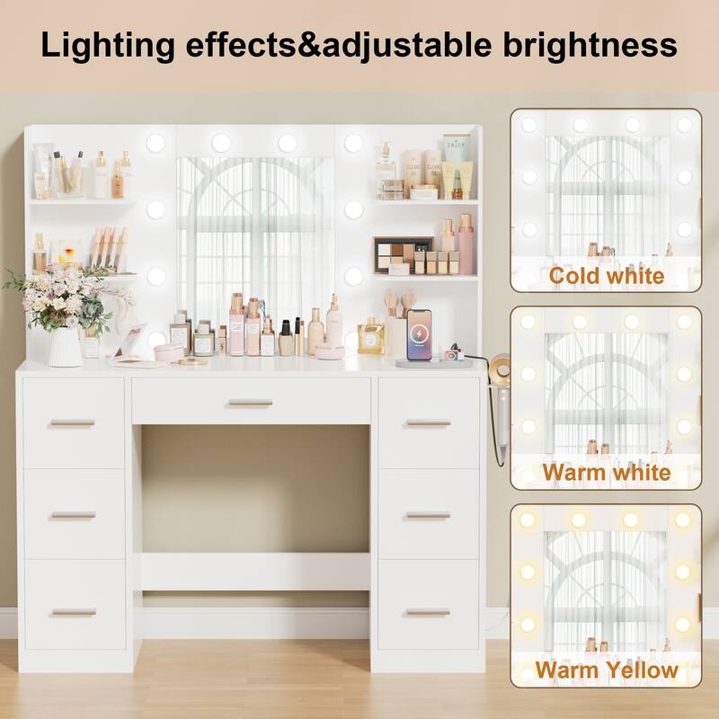 Furniwell Makeup Vanity with Mirror and Drawers Vanity Desk Set with 3 Modes Adjustable Brightness Lights and USB Power Outlet