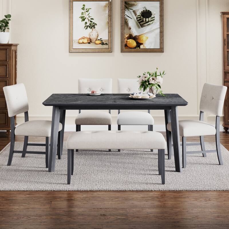 6 Piece Dining Table Set, Including 1 Rectangular Table, 4 Upholstered Chairs & 1 Bench, Wood Kitchen Dining Table Set for 6