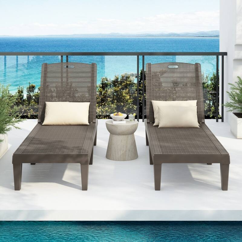Modern 2-piece Outdoor Chaise Lounges with Adjustable Backrest (Set of 2) - Light Brown