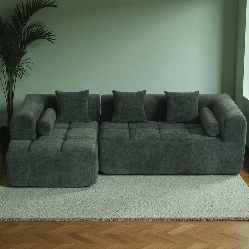 101.2" Modular Sectional Sofa Full-Foam Compressed Couch with Deep Seating Side Pockets Square & Bolster Pillows