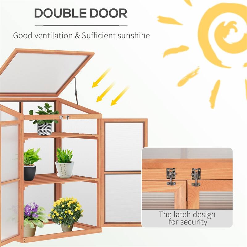 2-Tier Wooden Greenhouse with Polycarbonate Panels Natural Wood Garden Plant Protector for Indoor and Outdoor Use